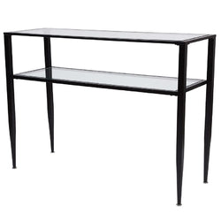 Modern Black Metal Console Table with Tempered Glass Top and Bottom Shelf