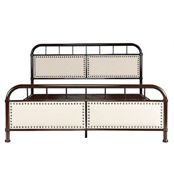 Queen Dark Brown Metal Platform Bed with Upholstered Panel Headboard Footboard