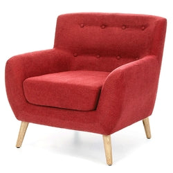 Red Linen Upholstered Armchair with Mid-Century Modern Classic Style Wood Legs