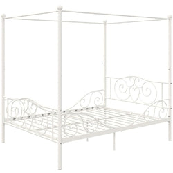 Full size White Metal Canopy Bed Frame with Heavy Duty Steel Slats